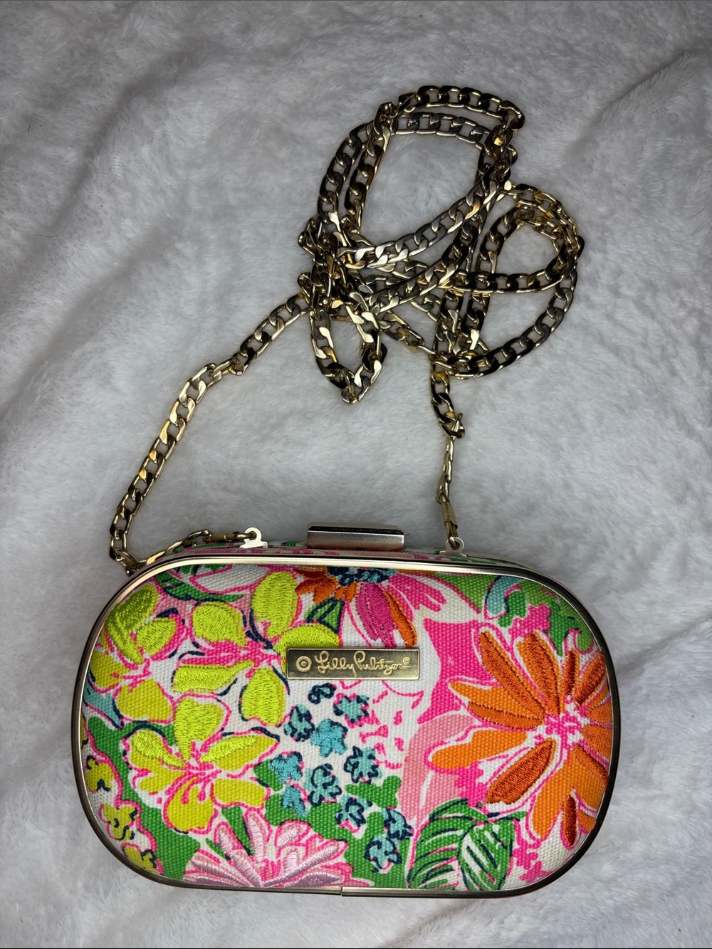 Lilly Pulitzer Pink Multi Floral Chain Clutch